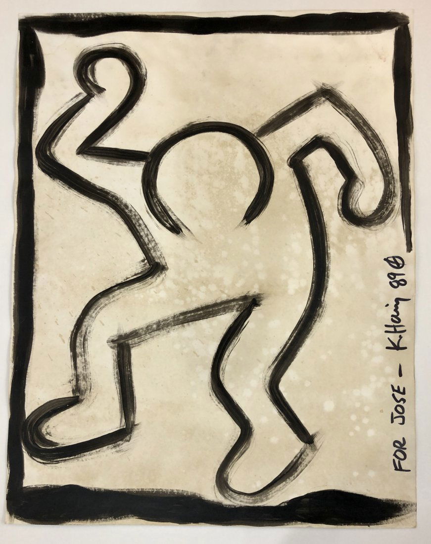 Keith Haring - Untitled, Inscribed Drawing 1989: KEITH HARING (1958-1990) Untitled, 1989 Acrylic on poster board 25 1/2" x 20" Signed and inscribed to left side "For Jose - Keith Haring 89"