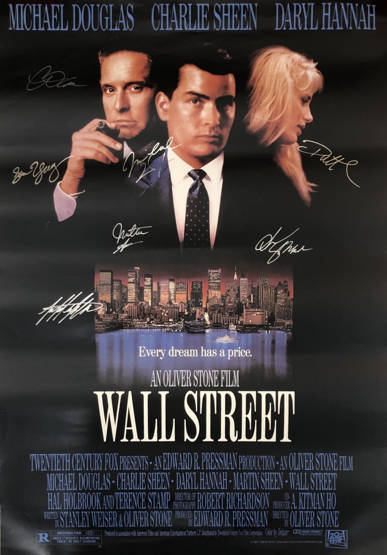 Wall Street Cast Signed Movie Poster: WALL STREET Movie poster signed by the cast of Wall Street includes Michael Douglas, Charlie Sheen 40" x 26"