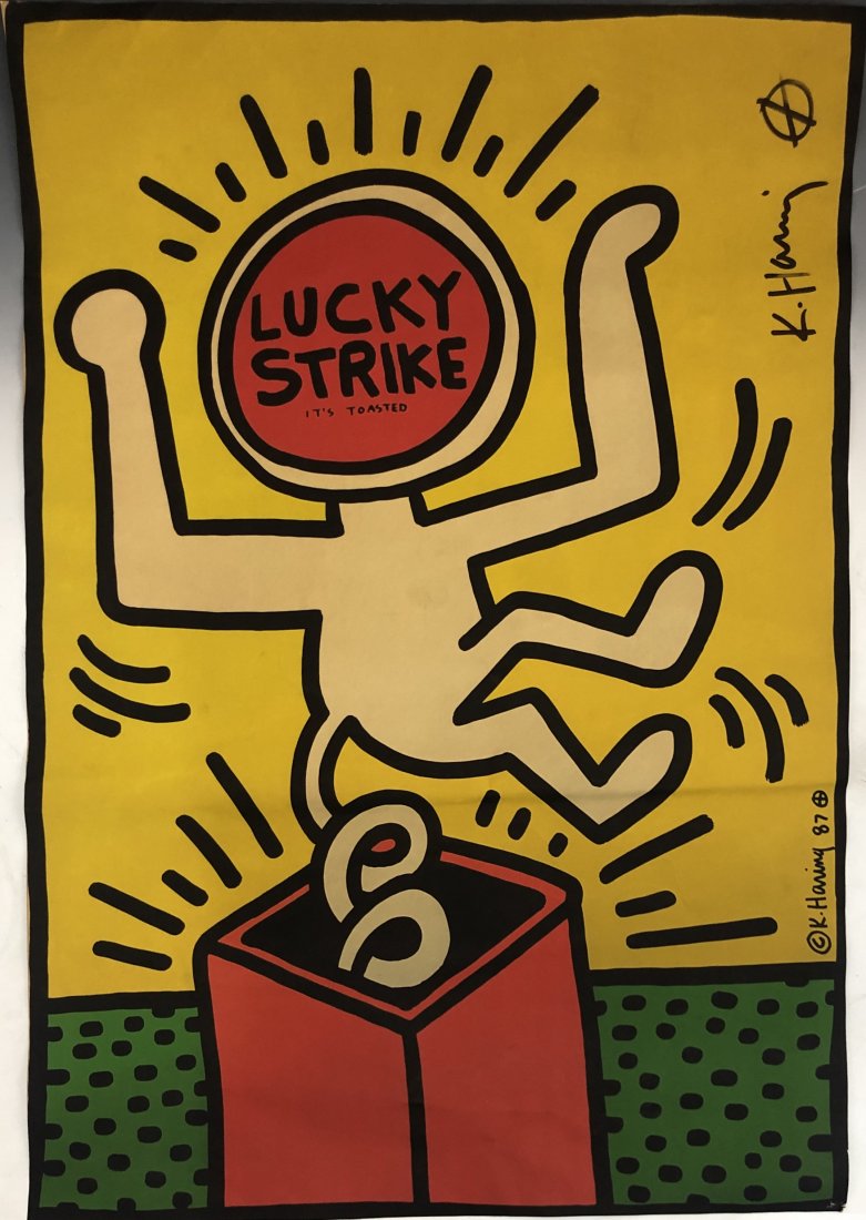 Keith Haring - Lucky Strike Colored Print Hand Signed: KEITH HARING (1958-1990) Lucky Strike Offset lithograph in colors 38" x 26" Signed lop right side in black ink