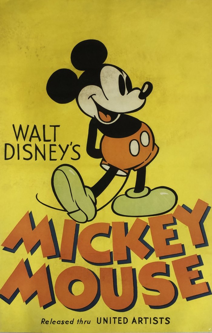Walt Disney Mickey Mouse Poster on Linen: Poster titled " Walt Disney's - Mickey Mouse - Released thru United Artists" 38" x 25" Please note: This poster is being sold as being from an unknown printing date/edition/printer, etc. We have been 