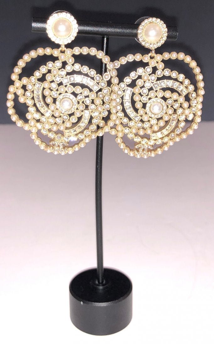 Authentic Chanel Double "C" Faux Pearl Flower Earrings: CHANEL (PARIS) Camellia flower, faux pearl "CC" earrings, each stamped to backside, issued by Chanel with box