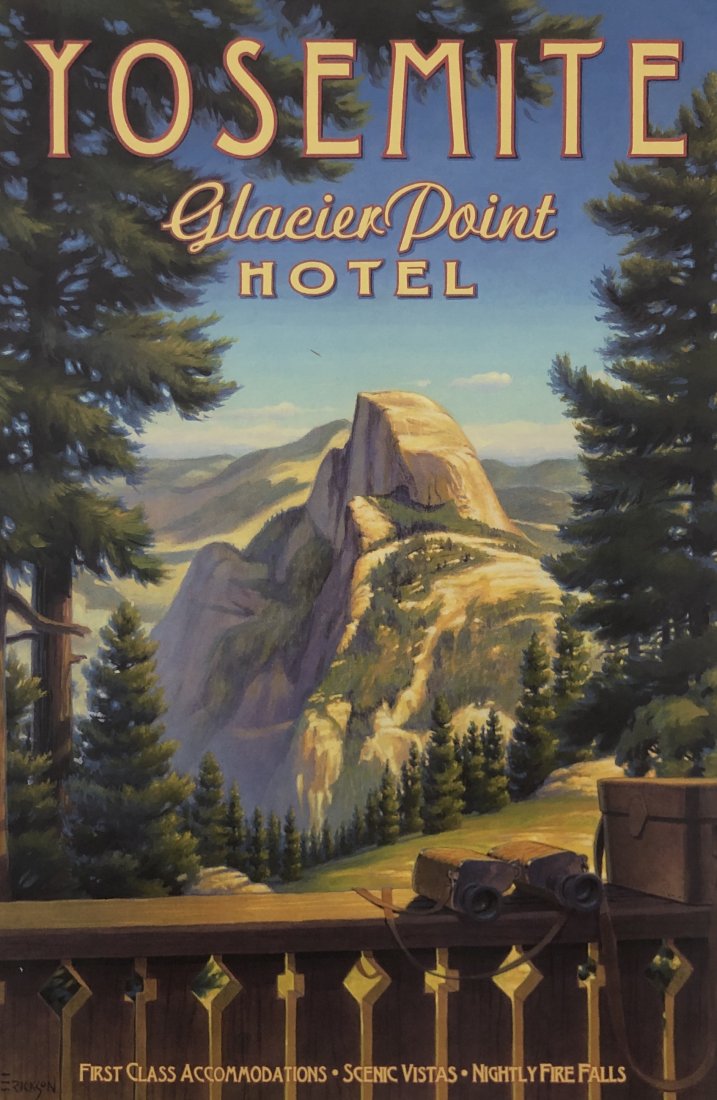 Yosemite Glacier Point Hotel Advertisement Print: Hotel advertisement titled "Yosemite Glacier Point Hotel - First Class Accommodations - Scenic Vistas - Nightly Fire Falls" 12 1/2" x 8"