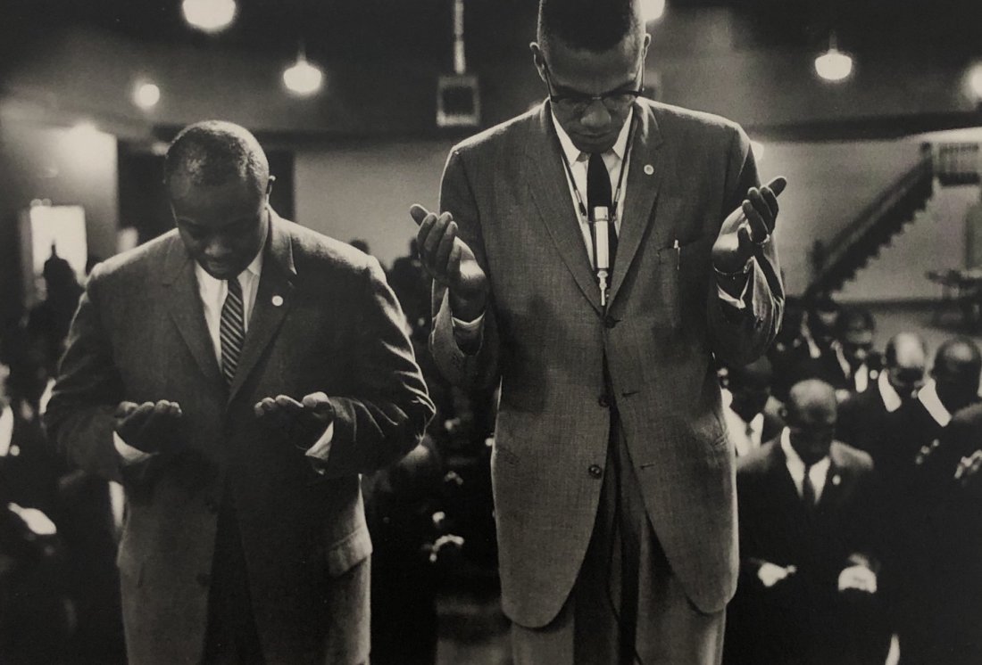 Gordon Parks - Malcolm X, Muslims Prayer, Chicago, 1963: GORDON PARKS (1912-2006) Malcolm X Leads Muslims in Prayer, Chicago, 1963 Photo-litho 5 1/2" x 7 3/4"
