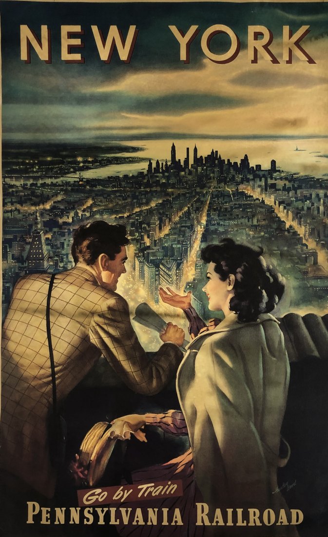 Harley Wood - New York Pennsylvania Railroad Poster: Poster in colors titled "New York - Go by Train - Pennsylvania Railroad",image designed by the artist Harley Wood 39" x 24 1/2" Please note: This poster is being sold as being from an unknown printing