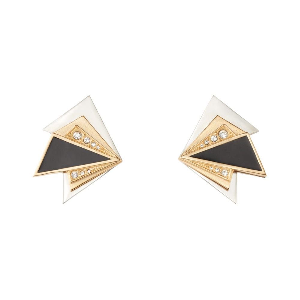 Erte Deco Geometric Earrings: 1 1/4" length; 7/8" width; black enamel with swarovski crystals and sterling silver ear clips