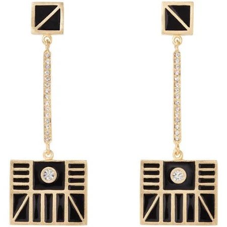 Erte Michelle Drop Earrings: 2 1/8" length; 3/4" width; black enamel with swarovski crystals