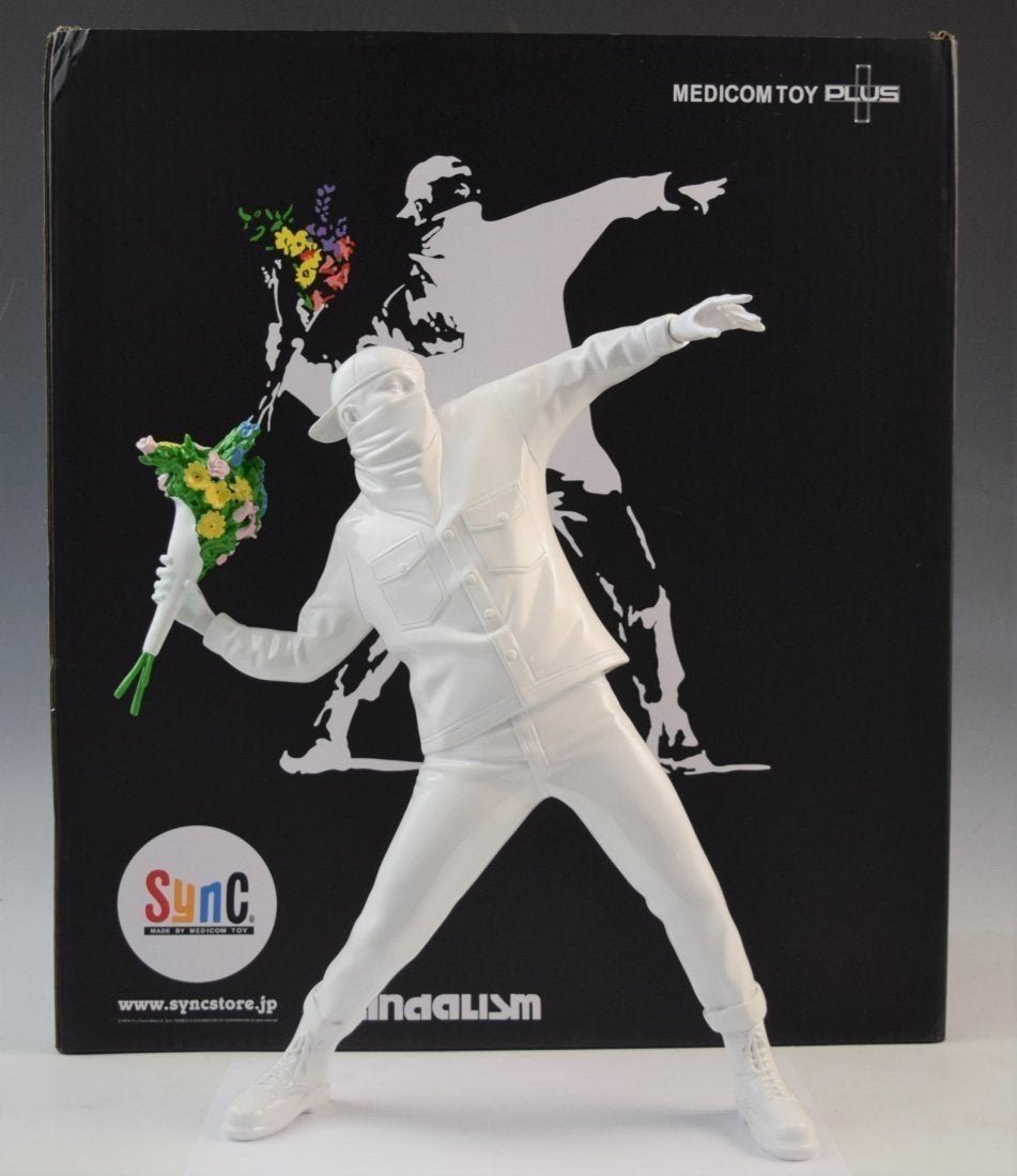 Banksy - Flower Thrower Resin Sculpture (White): BANKSY (BRITISH) Flower Thrower Resin sculpture Limited edition produced by Medicom with original box 16" x 14" x 3" Stamped on bottom