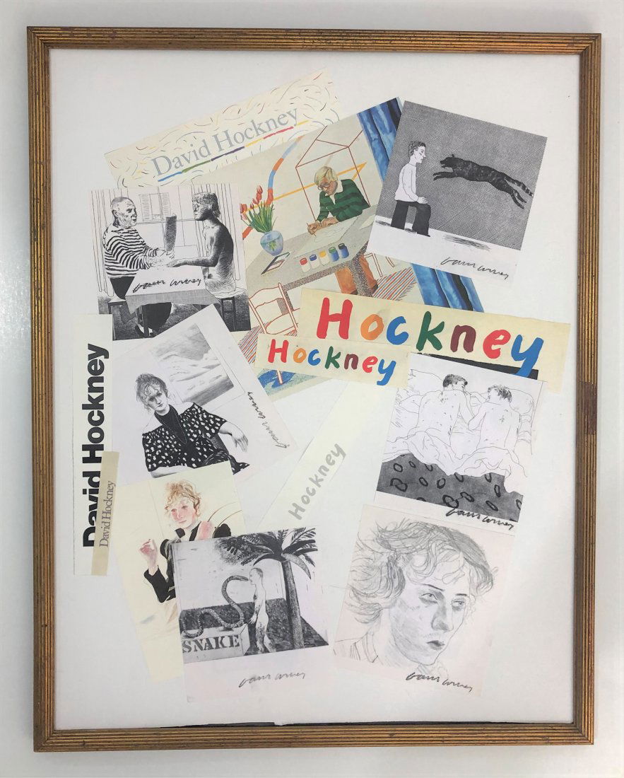 David Hockney - Untitled, Collage, w/six signed works: DAVID HOCKNEY (B. 1937) Untitled, Collage (six works) Offset lithographs on heavy stock paper, mounted to board 26" x 20 1/2" framed; each signed work approximately: 6" x 6" Each work hand signed in b