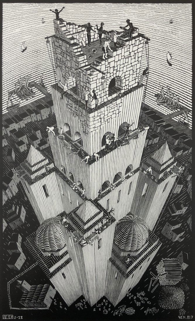 M.C. Escher - Tower of Babel, 1938: M.C. ESCHER (1898-1972) Tower of Babel, 1928 Offset lithograph on paper 15" x 8 1/2"