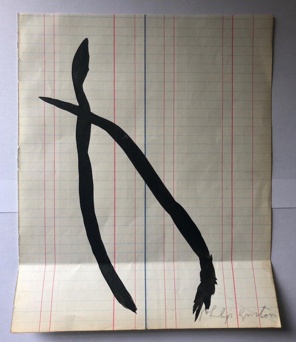 Philip Guston - Untitled, Ink w/book publication letter: PHILIP GUSTON (1913-1980) Untitled (Line) Ink on paper Signed lower side 10" x 8 1/4" Provenance: California collection of Guston works including sketches and notebooks. Together with a letter in rega