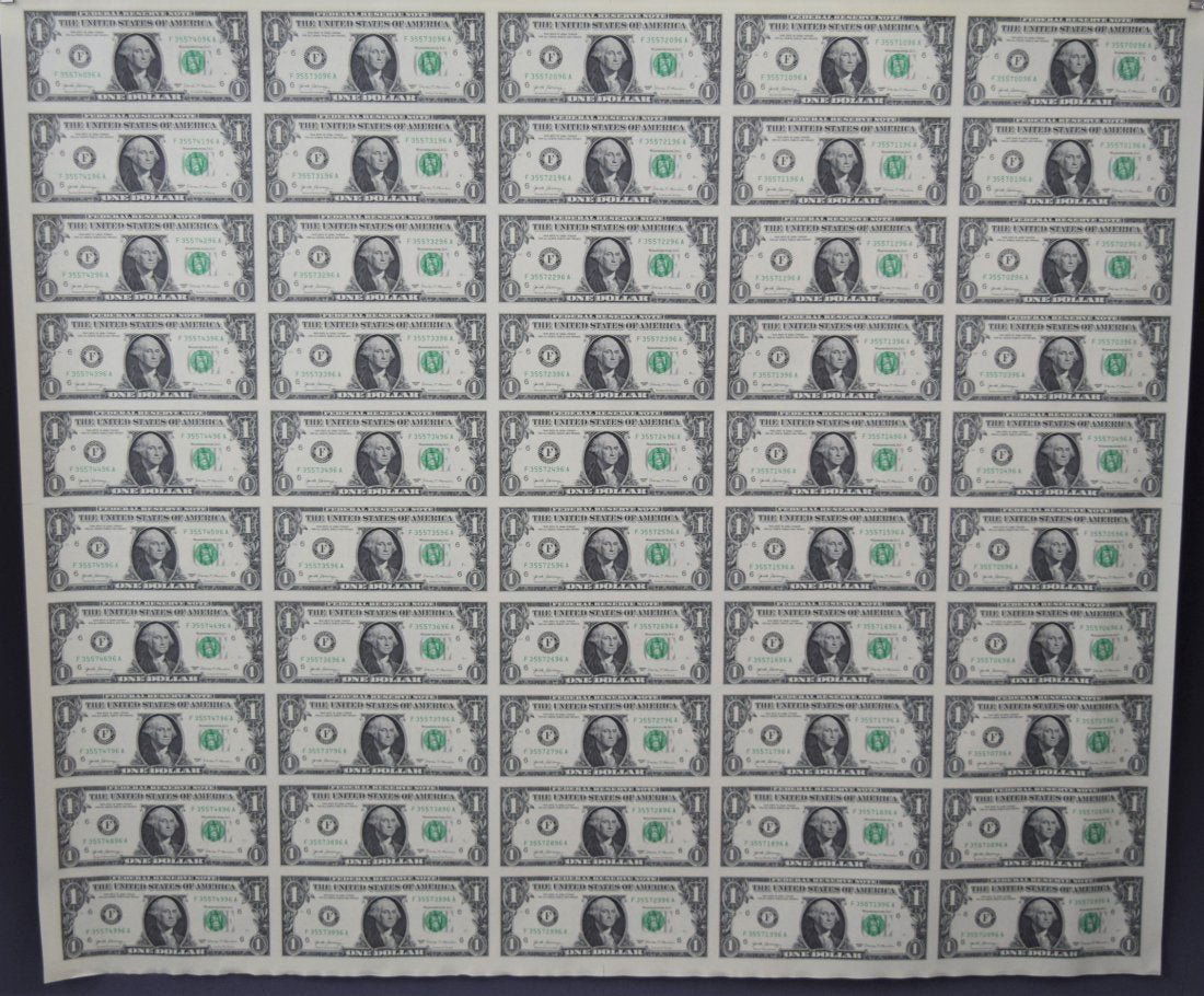 Uncut Dollar Bill Paper Currency Sheet: Large sheet of uncut dollar bill paper currency (50 bills)