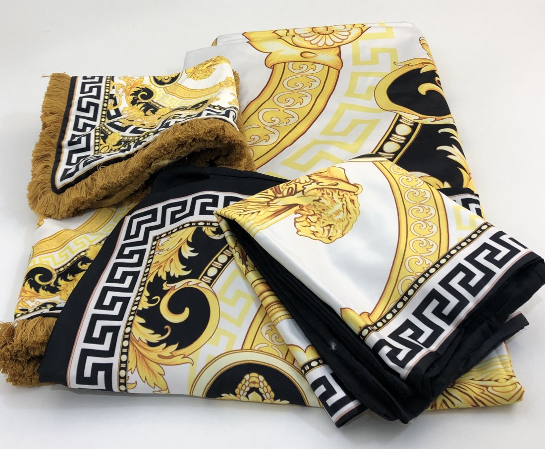 Italian Versace Lion Pattern Silk Bed Set: 5-Piece set consisting of one sheet, four pillow cases 17 1/2" x 29" (bed pillow cases); (20" x 20" set of two square); bed sheet 87" x 92"