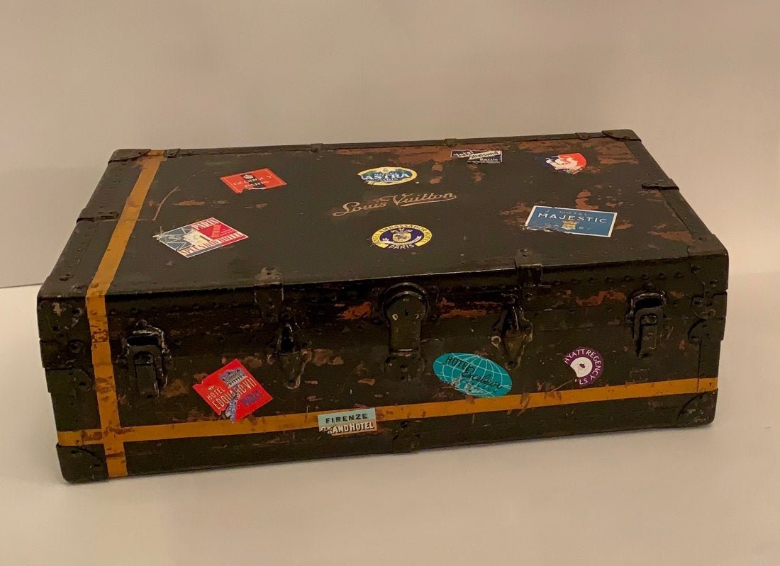 Antique Steamer Trunk: Antique wood steamer trunk with stamping to top and travel stickers 38" x 22.5" x 12"