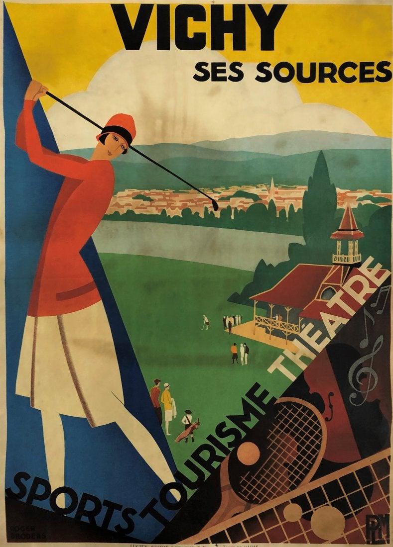 After Roger Broders Vichy Ses Sources Poster: AFTER ROGER BRODERS (1883-1953) Poster titled "Vichy Ses Sources"; image designed by the artist Roger Broders 41" x 30" approximate size