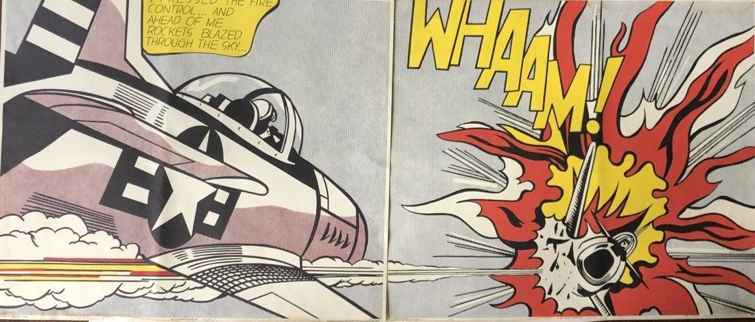 Roy Lichtenstein WHAAM! Diptych Lithograph Hand Signed: ROY LICHTENSTEIN (1923-1997) WHAAM! (Diptych) 1963 Offset lithographs in colors Published by The Tate Gallery, London Reproduced and printed in Great Britain by Lautrec Photo Litho Ltd Leeds 25" x 29 