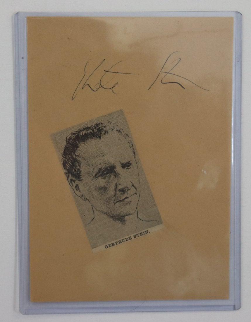 Gertrude Stein Autograph on Paper: Ink signature of Gertrude Stein (American novelist, poet, playwright, and art collector) on a 7" x 5" sheet of paper