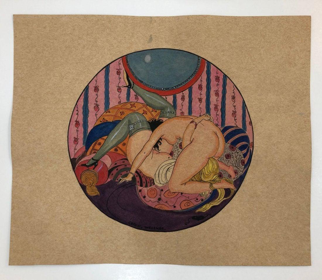 Attrib. to Gerda Wegener, Illustration (Gallery Stamps): ATTRIBUTED TO GERDA WEGENER (1886-1940) Untitled Watercolor and ink on paper illustration 10 1/2" x 13 Signed lower side Private collection; stamping to verso