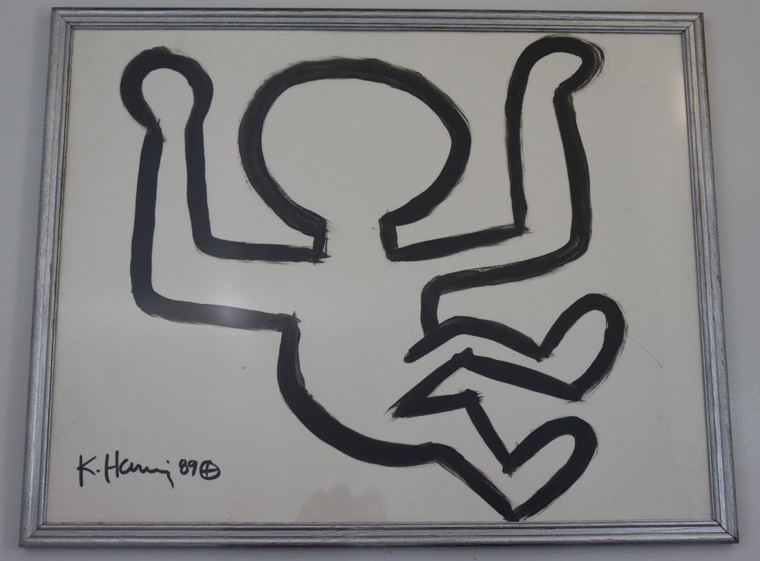 Keith Haring - Untitled, Ink and Acrylic on Poster: KEITH HARING (1958-1990) Untitled Ink and acrylic paint on poster board 22" x 28" sight; frame: 24" x 30" Signed and dated lower left side Plaque to verso "Bequeathed by the estate of Kenneth L. Lay"