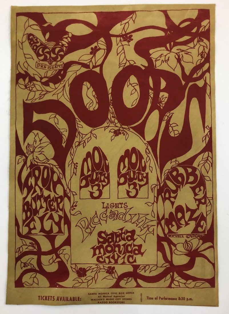 Doors Santa Monica Civic Center Poster: Poster titled " Doors - Iron Butterfly" Text reads: "Monday July 3rd - Lights Piccadilly - Santa Monica Civic - Tickets Available - Santa Monica Civic Box Center - All Mutual Agencies - Wallich's Musi