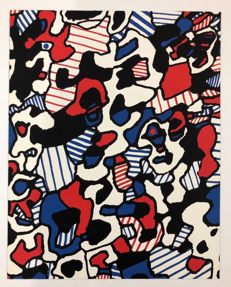 Jean DuBuffet Screenprint c. 1967: JEAN DUBUFFET (1901-1985) Untitled Screenprint in colors 10 1/2" x 8 3/8" Edition: Limited edition c. 1967 Publisher: Ã‰ditions Jeanne Bucher, Paris, Galerie Beyeler, Basel Printer: La Ruche, Paris