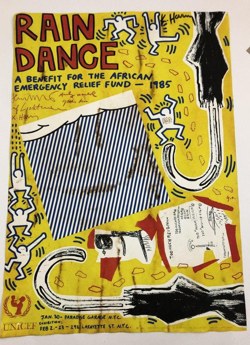 Rain Dance Poster, Ink Signature Haring: The bottom reads "Jan 30 - Paradise Garage N.Y.C." - Exhibition: Feb 2 - 23 - 292 Lafayette St. NYC"; the top "Rain Dance - A Benefit for the African Emergency Reief Fund - 1985" 30" x 21" Ink signed 