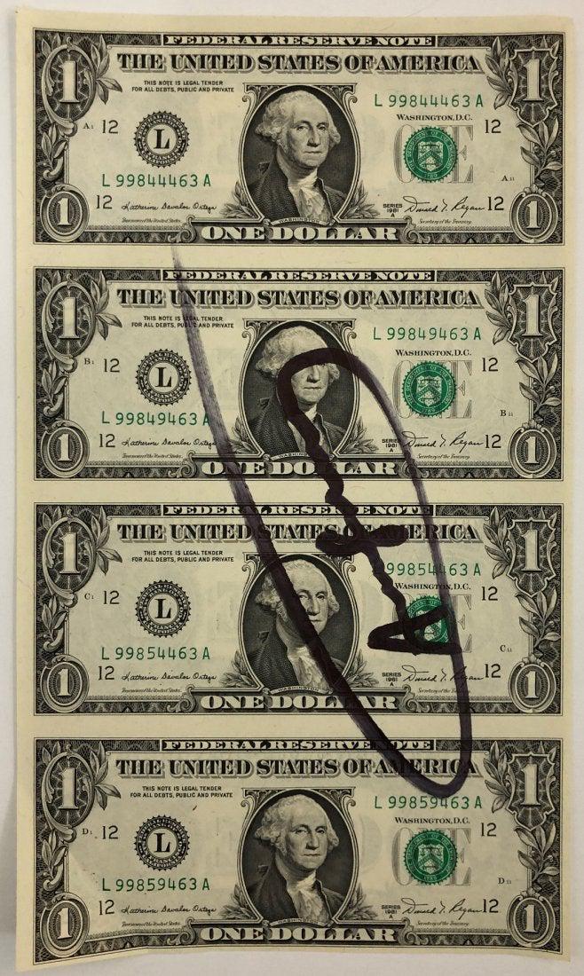 Andy Warhol Dollar Bill Sheet, Hand Signed: ANDY WARHOL (1928-1987) Dollar Bill Sheet (4 Bills) 10" x 6" Signed in black ink