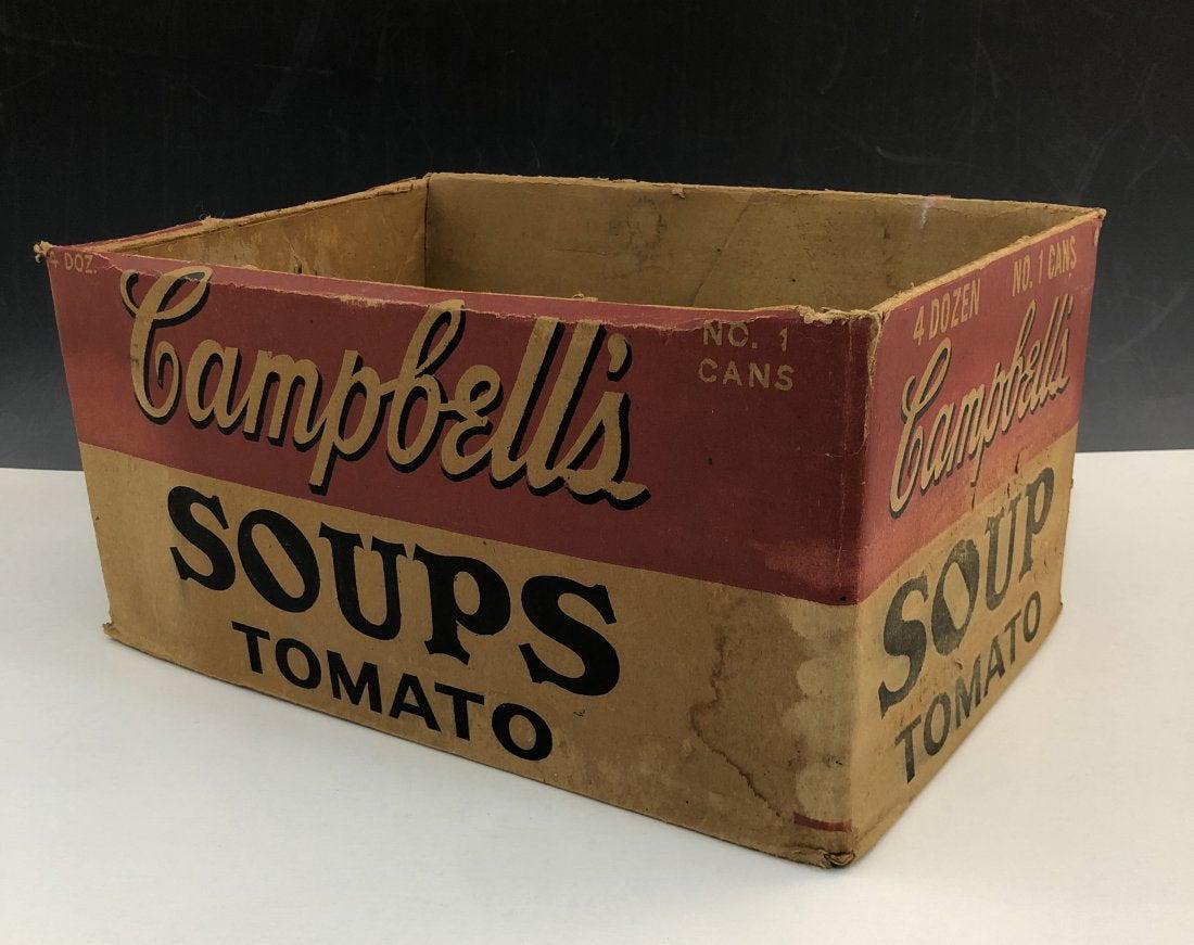 Leo Castelli Campbells Soup Box Gallery Advertisement: ANDY WARHOL, LEO CASTELLI Cardboard advertisement for Andy Warhol used at Leo Castelli Gallery, New York 16" x 8" x 11" Stamped from Leo Castelli Gallery