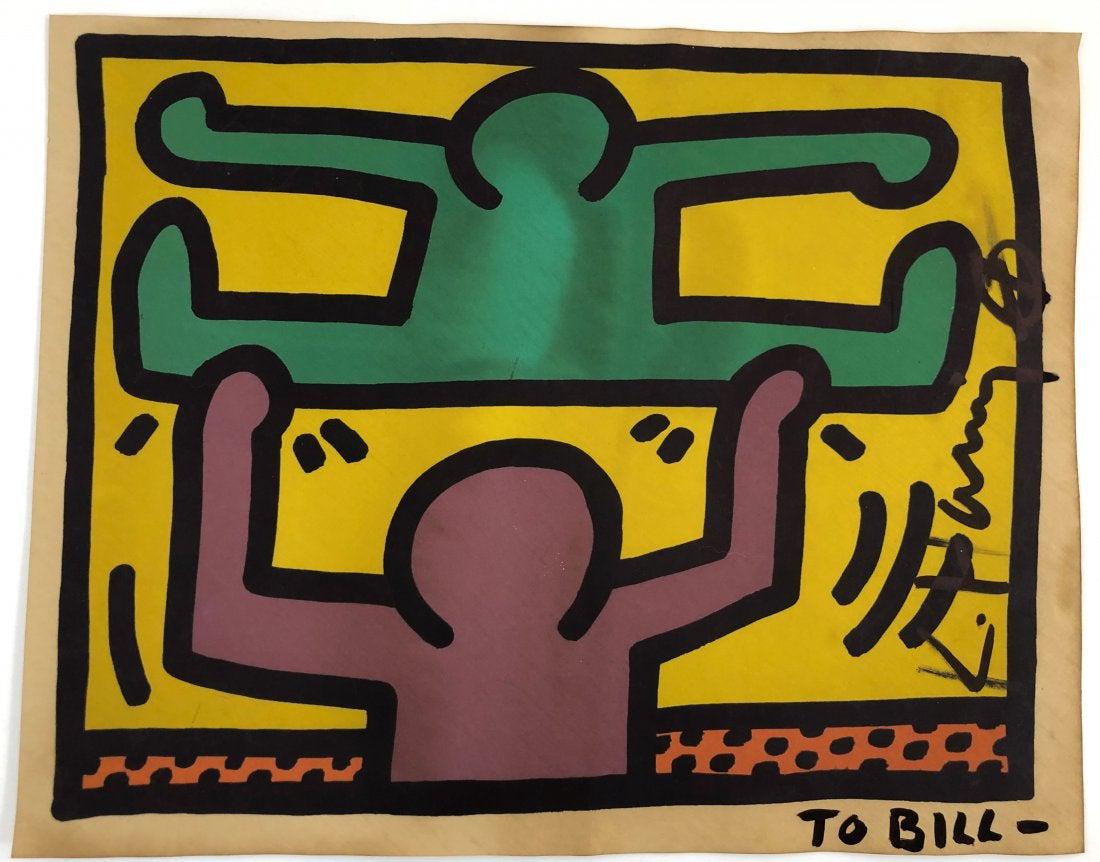 Keith Haring - Untitled (Two Figures), Hand Signed: KEITH HARING (1958-1990) Untitled (Two Figures) Offset lithograph in colors 11 1/2" x 14 1/2" Signed and inscribed "To Bill - K. Haring"