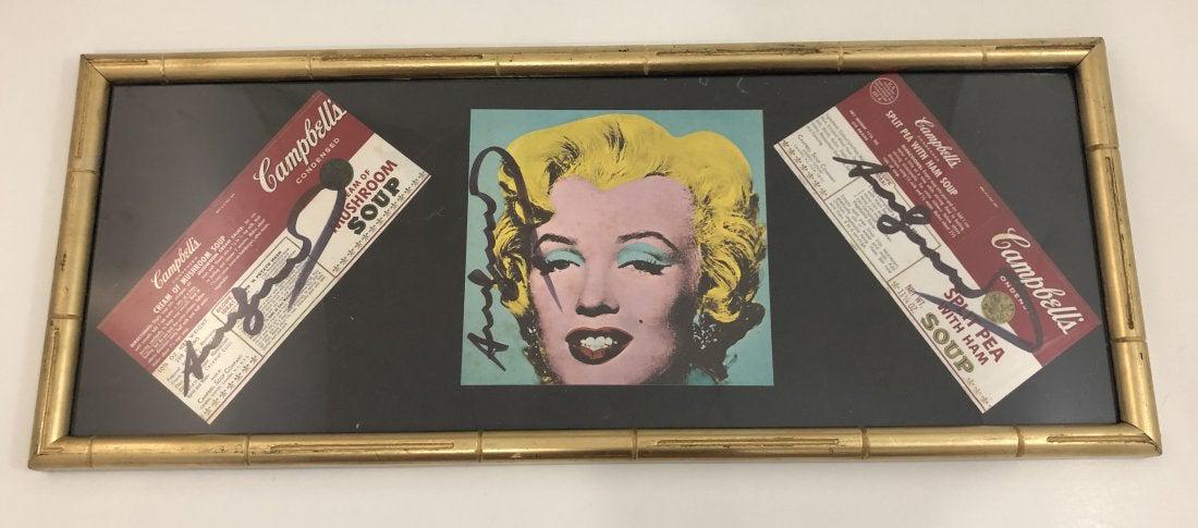 Andy Warhol - Soup Labels Hand Signed Framed Collage: ANDY WARHOL (1928-1987) Soup Labels, Marilyn Monroe collage Includes three hand signed works (two soup labels, one Marilyn Monroe print) 10" x 25"