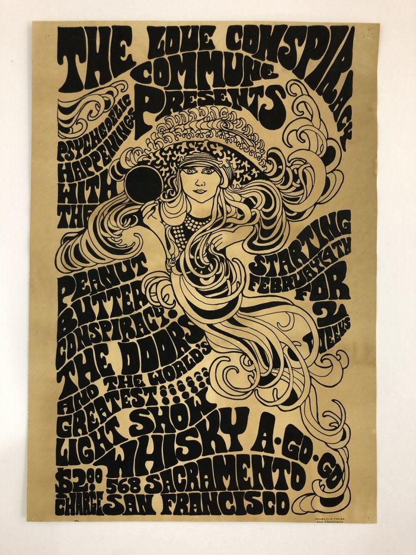 The Doors Whisky A-Go-Go Concert Poster: Poster titled "The Love Conspiracy Commune", text to bottom right "Double-H Press - San Francisco" 19 1/4" x 13 3/8" From an unknown edition size and printing date