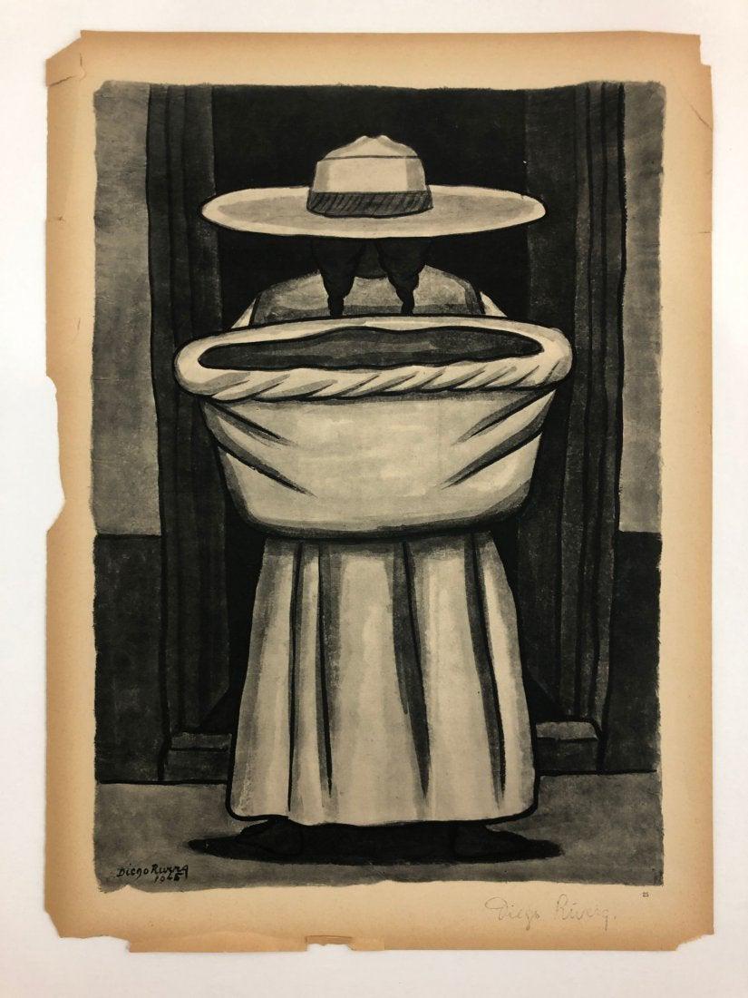 Diego Rivera - Woman with Basket, Collotype Hand Signed: DIEGO RIVERA (1886-1957) Woman with Basket Collotype on paper 17 1/2" x 12 5/8" Signed in pencil lower right side