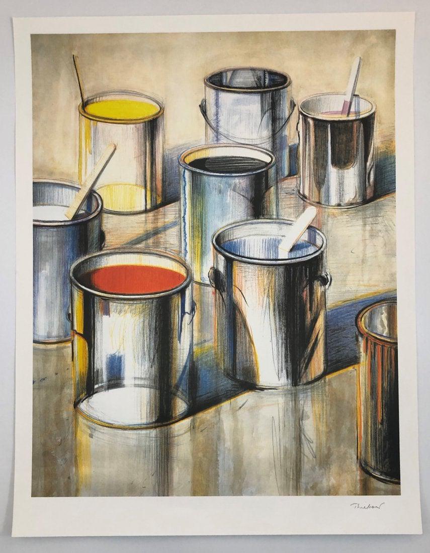 Wayne Thiebaud Paint Cans, Pencil Signed Colored Print: WAYNE THIEBAUD (B. 1920) Paint Cans Colored offset lithograph on heavy paper 32" x 25" sheet Signed in pencil lower right side