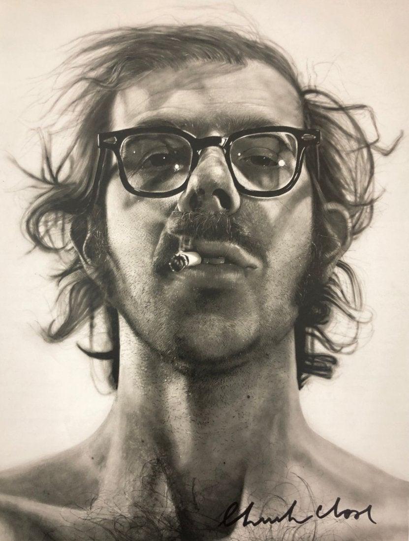 Chuck Close - Self Portrait, Hand Signed, Photo-Litho: CHUCK CLOSE (B. 1940) Self Portrait Photo-litho 12 3/8" x 9 1/2" Signed in ink lower right side