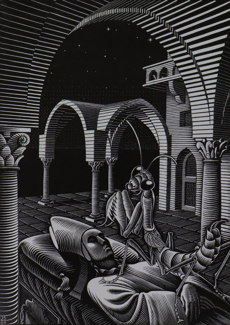 M.C. Escher - Dream, Offset Lithograph: M.C. ESCHER (1898-1972) Dream Offset lithograph on paper Printed c. second half of 20th c. 11 3/4" x 8 3/4"