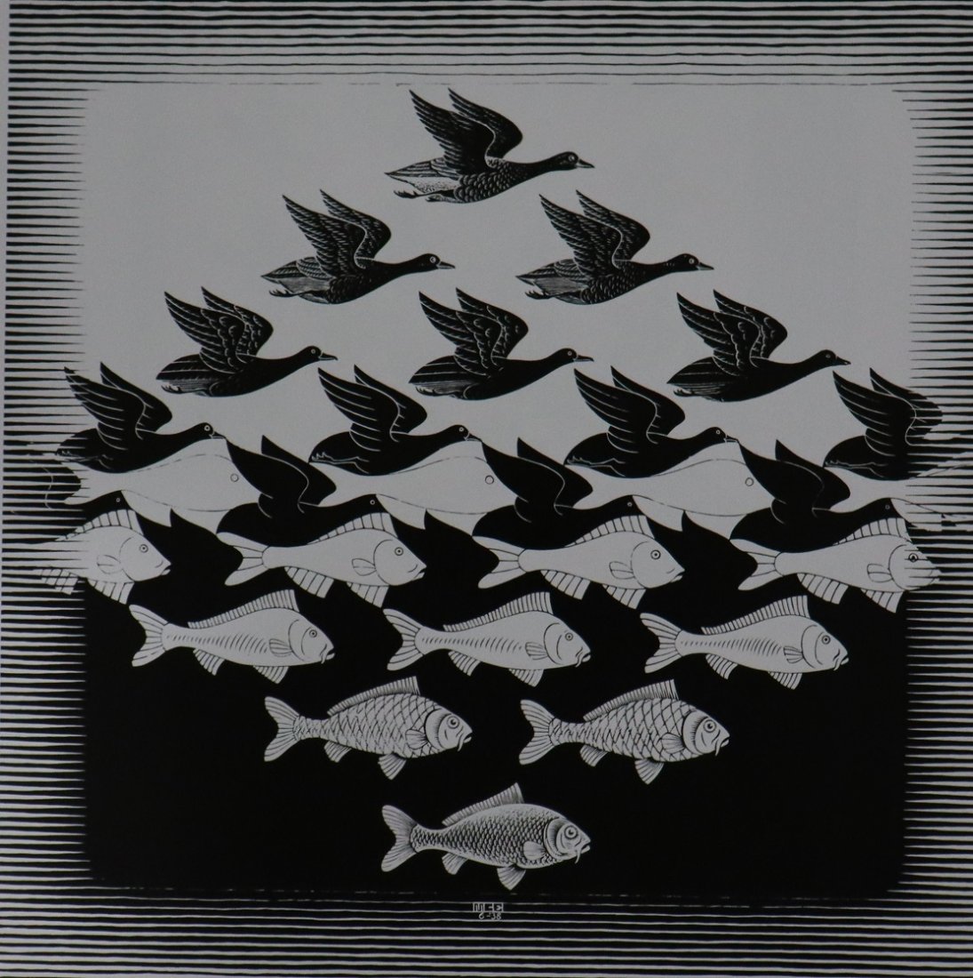 M.C. Escher - Sky & Water I, Offset Lithograph: M.C. ESCHER (1898-1972) Sky & Water Offset lithograph on paper Printed c. second half of 20th c. 9 3/4" x 9 3/4"