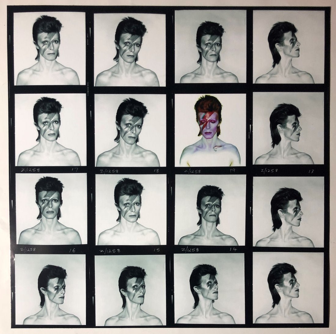 David Bowie Large Photograph (Contact Sheet): DAVID BOWIE Contact sheet Photograph in black and white, printed later 21 3/4" x 21 5/8" (approximate size)