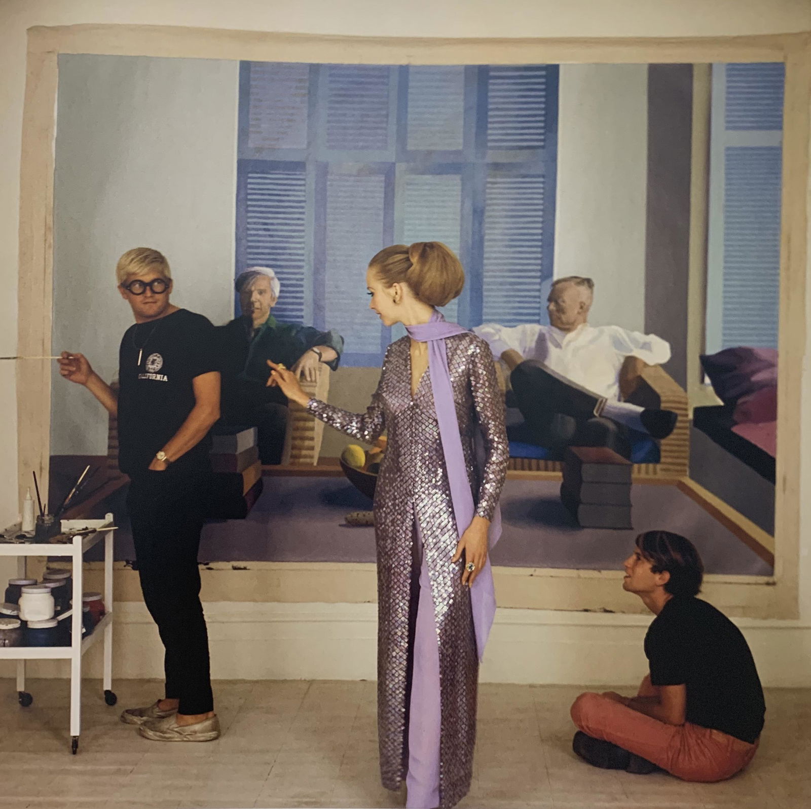 Cecil Beaton - David Hockney, Photo-Litho: CECIL BEATON - (B.1904-1980) David Hockney painting Christpher Isherwood and Don Bachardy, with Maudie James and Peter Schlesinger Photo-Litho Printed circa late 20th Century 10" x 10 1/8" (Image Size