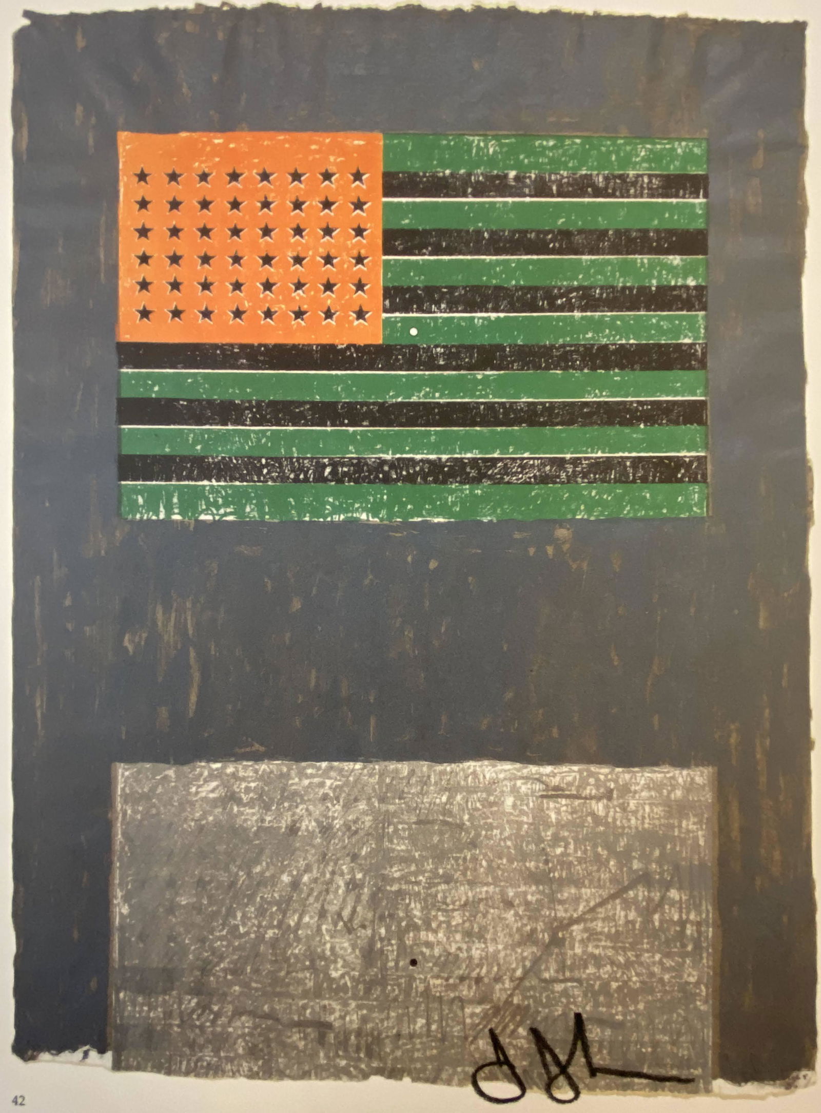 Jasper Johns Green/Black Flag (Hand Signed): JASPER JOHNS (B. 1930) Colored offset lithograph on paper 8” x 7 ½” (approximate image size) Signed lower right in pencil