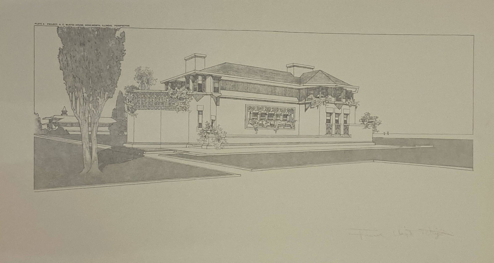 Frank Lloyd Wright Pencil Signed Litho McAfee House: FRANK LLOYD WRIGHT (1867-1959) McAfee House, Kenilworth, Illinois Lithograph on heavy paper 15 ¾” x 25” Signed lower right side in pencil