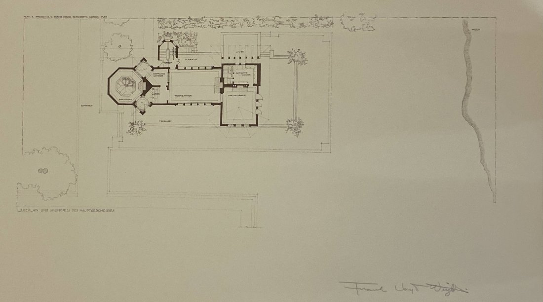 Frank Lloyd Wright Pencil Signed Litho McAfee House: FRANK LLOYD WRIGHT (1867-1959) McAfee House, Kenilworth, Illinois Lithograph on heavy paper 15" x 25" Signed lower right side in pencil
