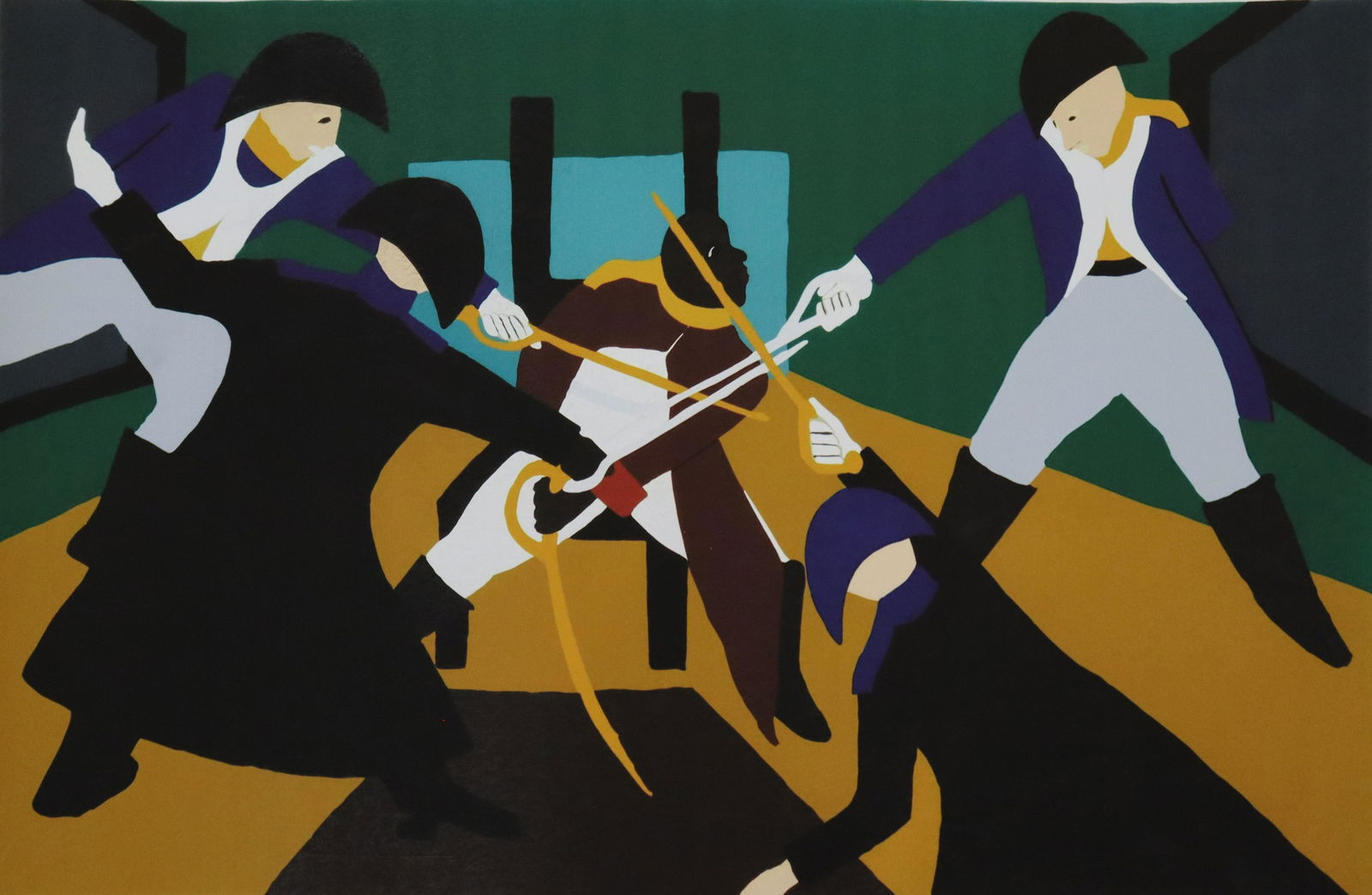 Jacob Lawrence â€œDeceptionâ€ Pencil Signed Print: JACOB LAWRENCE (1917-2000) Deception Offset lithograph in colors 22” x 32” Signed lower right side in pencil