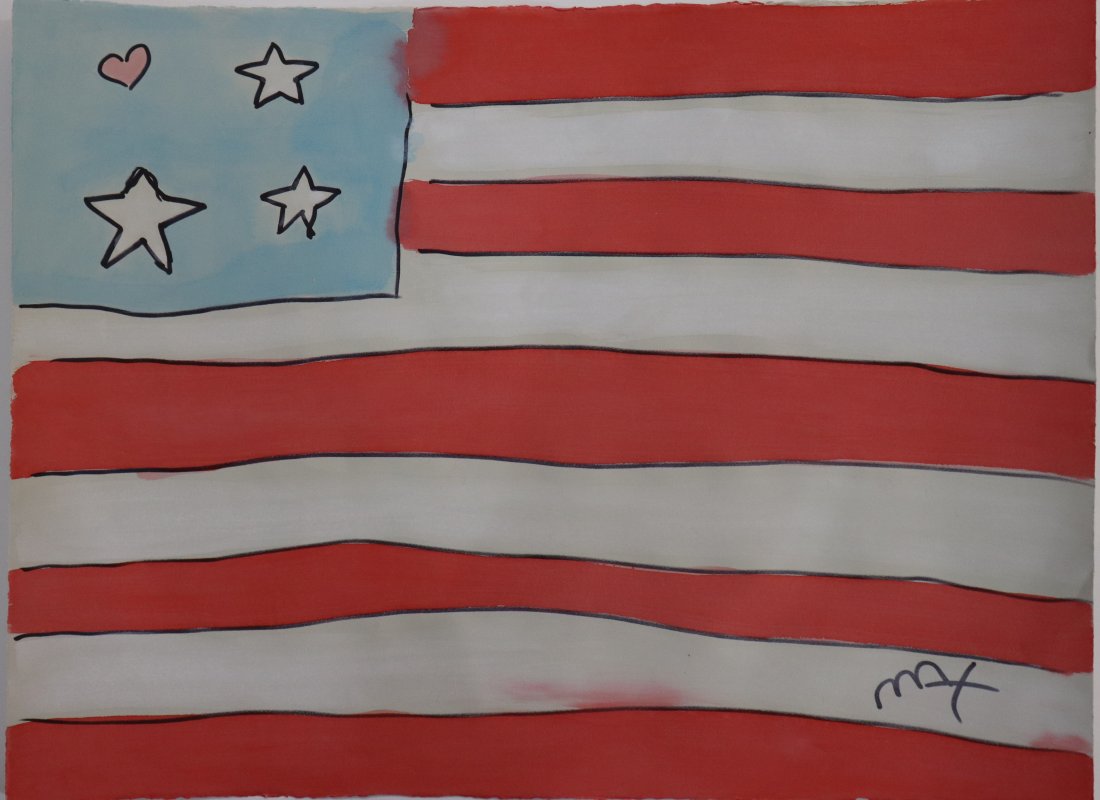 Peter Max American Flag Watercolor: PETER MAX (B. 1937) American Flag Watercolor on heavy artist paper 24” x 30” Signed lower right side