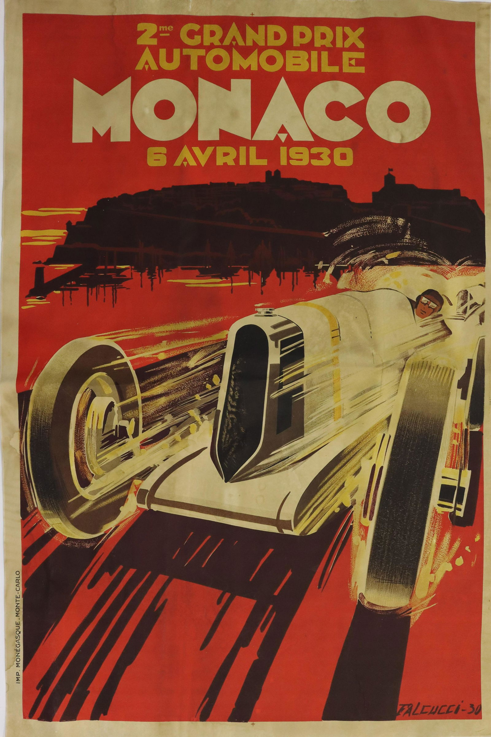Robert Falcucci Monaco Poster: Poster titled "Monaco" Text reads: "2me Grand Prix Automobile - Monaco - 6 Avril 1930" 46” x 30” (approximate size) From an unknown edition and printing date