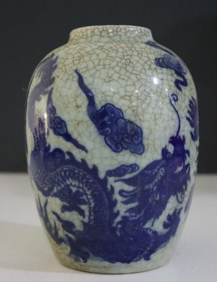 Chinese Vase Dragon Motif (Museum Sticker): CHINESE Blue crackle vase depicting a clawed dragon, character seal mark to underside, exterior with Museum sticker