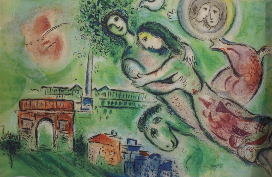 After Marc Chagall Romeo et Juliette Hand Signed: AFTER MARC CHAGALL (1887-1985) Romeo et Juliette Colored offset lithograph on heavy paper 25" x 39" Signed lower right side in ink