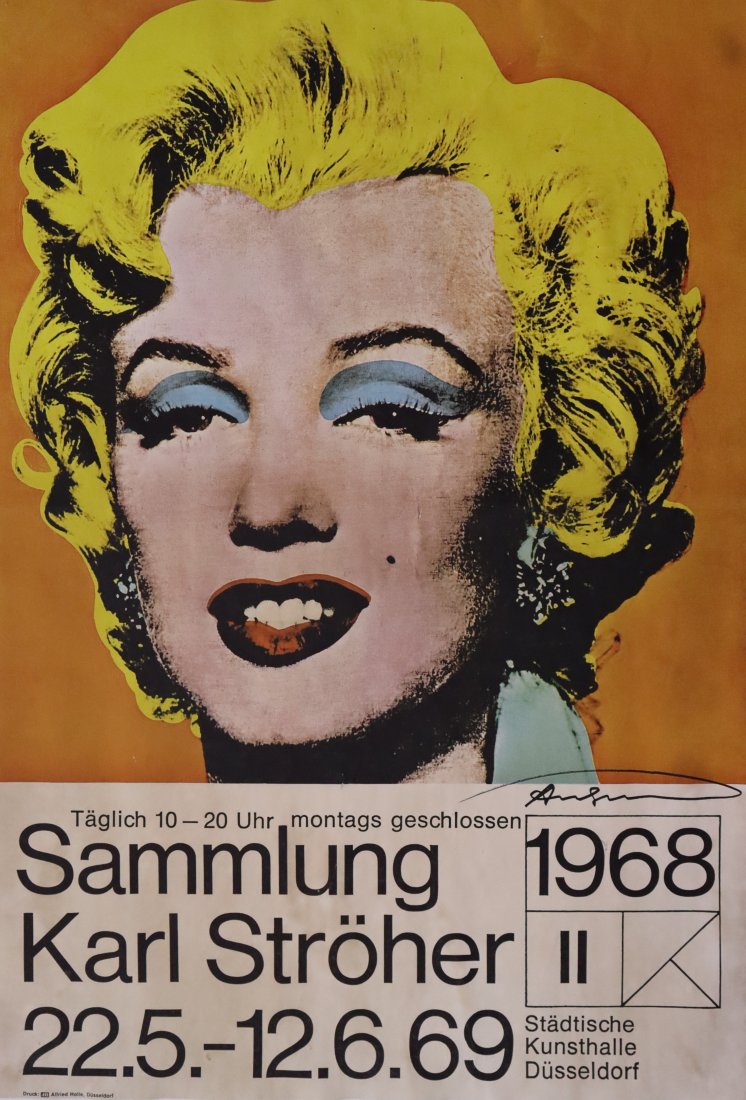 Andy Warhol Marilyn Monroe Hand Signed: ANDY WARHOL (1928-1987) Marilyn Monroe (exhibition for collection of Karl Stroher) Offset lithograph in colors on heavy paper 32” x 22” (approximately) Signed lower right side in black ink