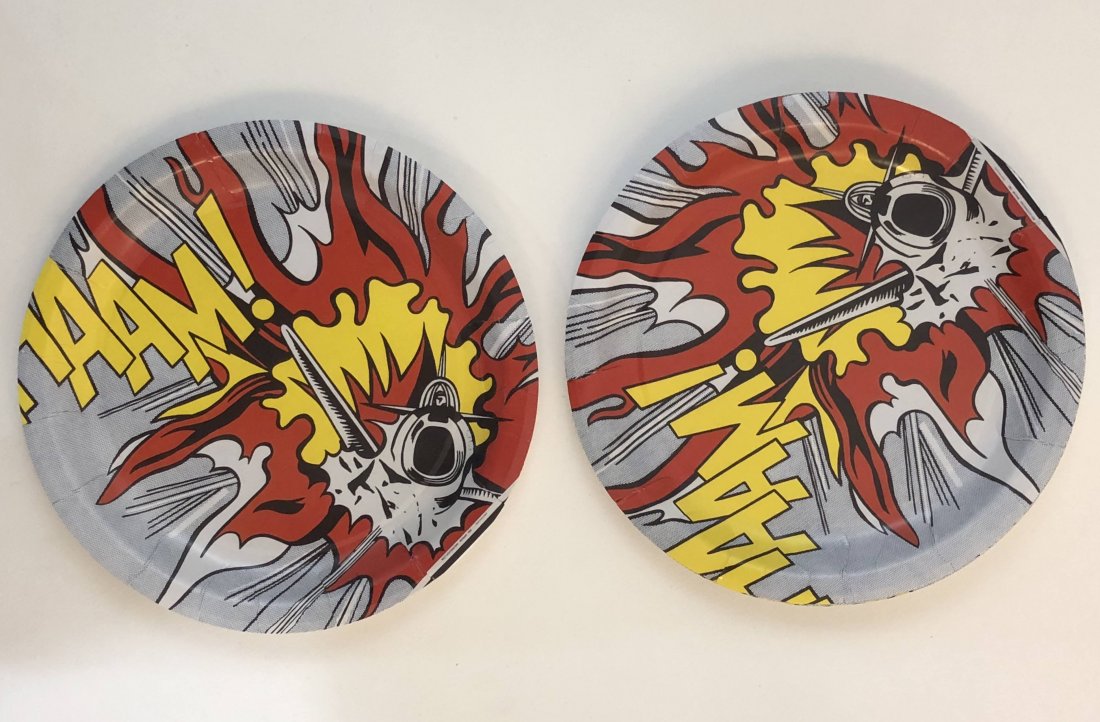 Roy Lichtenstein WHAAM Paper Plates: ROY LICHTENSTEIN (1923-1997) WHAAM! Printed color paper plates (grouping of 6) 8 1/2" Stamped to verso "Roy Lichtenstein Copyright 1987"
