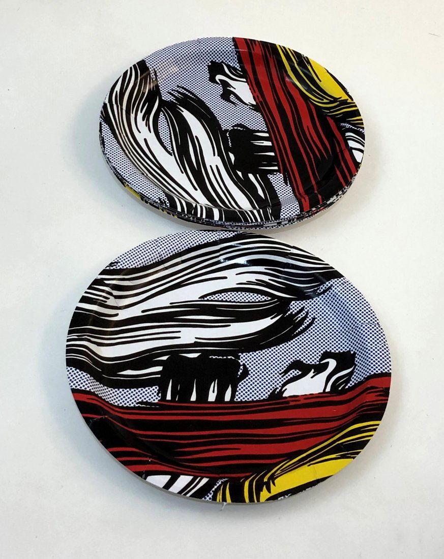 Roy Lichtenstein Brushstroke Paper Plates: ROY LICHTENSTEIN (1923-1997) Brushstroke Printed color paper plates (grouping of 7) 8 1/2" Diameter Stamped to verso "Roy Lichtenstein Copyright 1987"