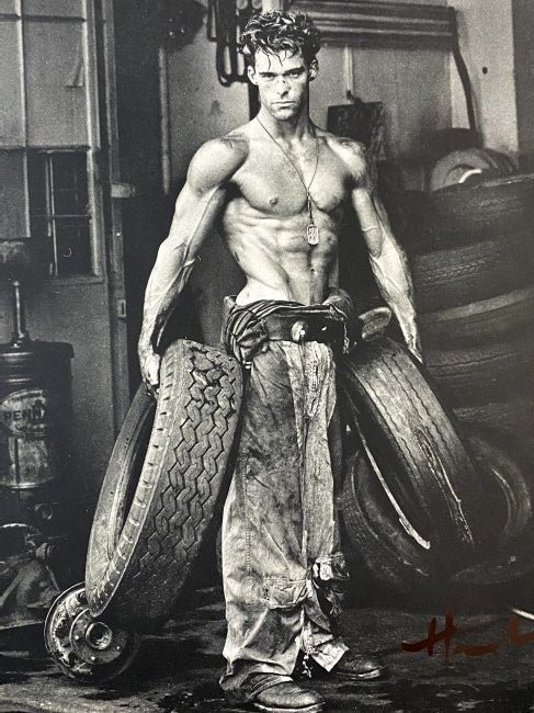 Herb Ritts (Fred with Tyres) Hand Signed: HERB RITTS (1952-2002) Fred with Tyres Sheet-fed gravure c. 1989 14" x 11" Signed lower right side in ink