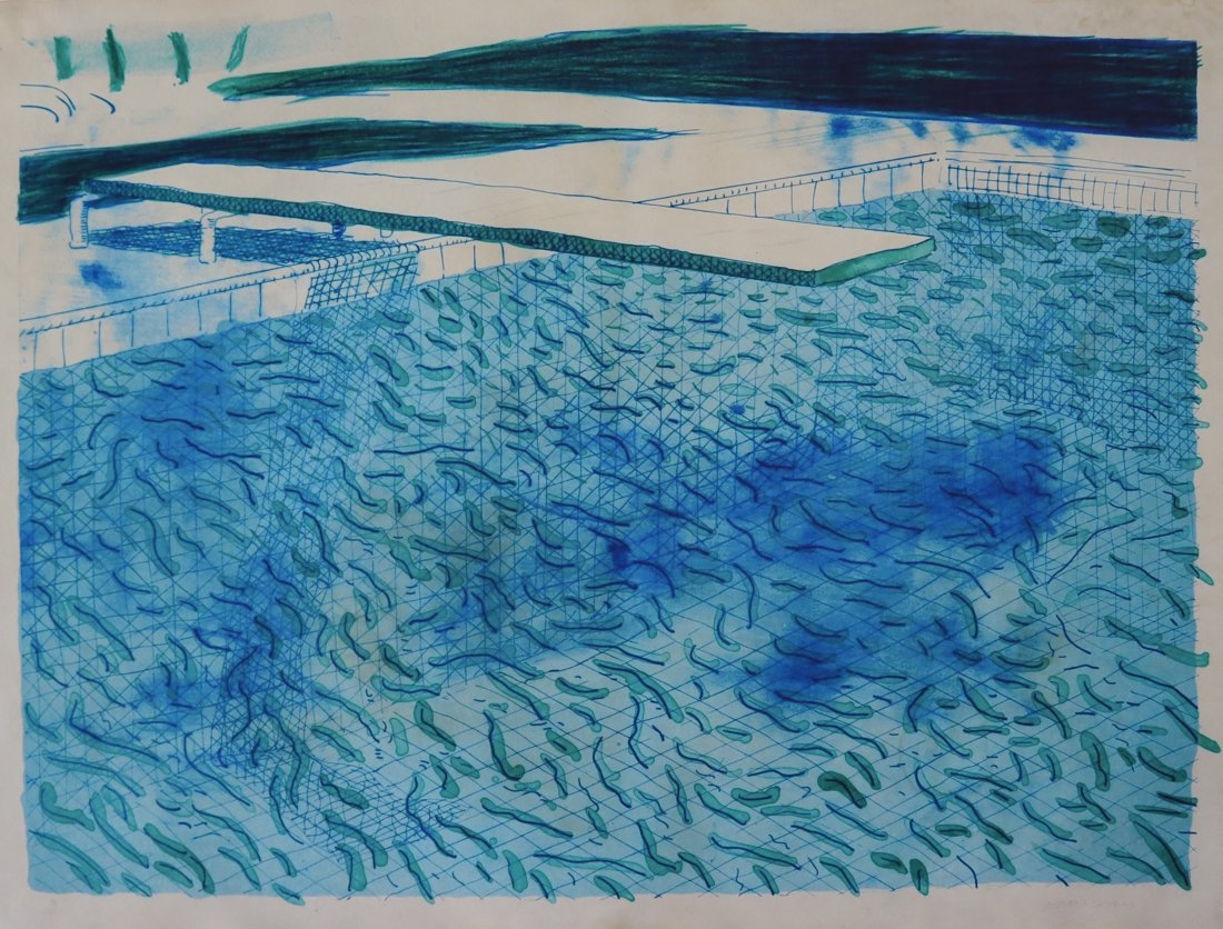 Attributed to David Hockney Pencil Signed Colored Print: ATTRIBUTED TO DAVID HOCKNEY (B. 1937) Water with Thick Lines and Thin Lines, A Green Wash, A Light Blue Wash Colored print on heavy art paper 26” x 3Â” Signed lower side in pencil